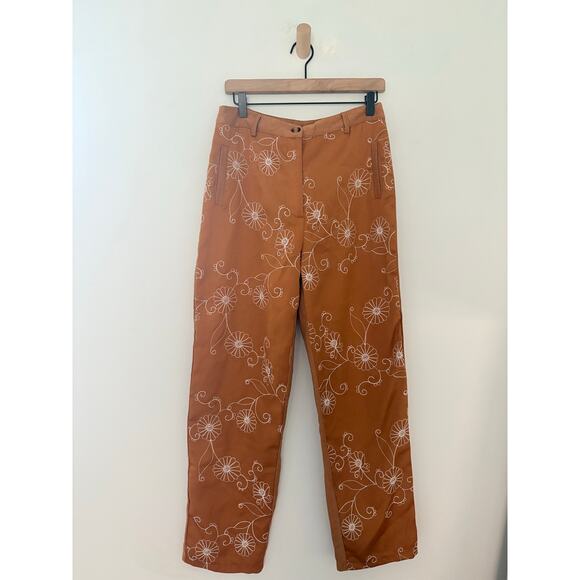 NWT Cider Corduroy Floral Embroidered Pants Womens Large Camel Retro 70s Hippie - Picture 1 of 8